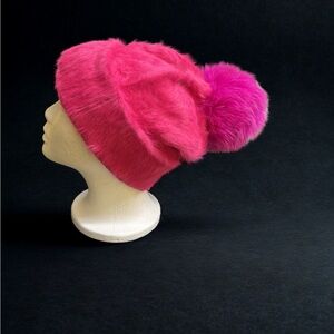 AVU LE VU Slouchy Beanie Hat Real Angora Rabbit Hair, Real Fox Pom Pom Hot Pink